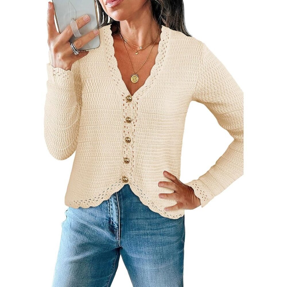Womens Knit V Neck Cropped Cardigan Sweater Long Sleeve Boho Casual Top